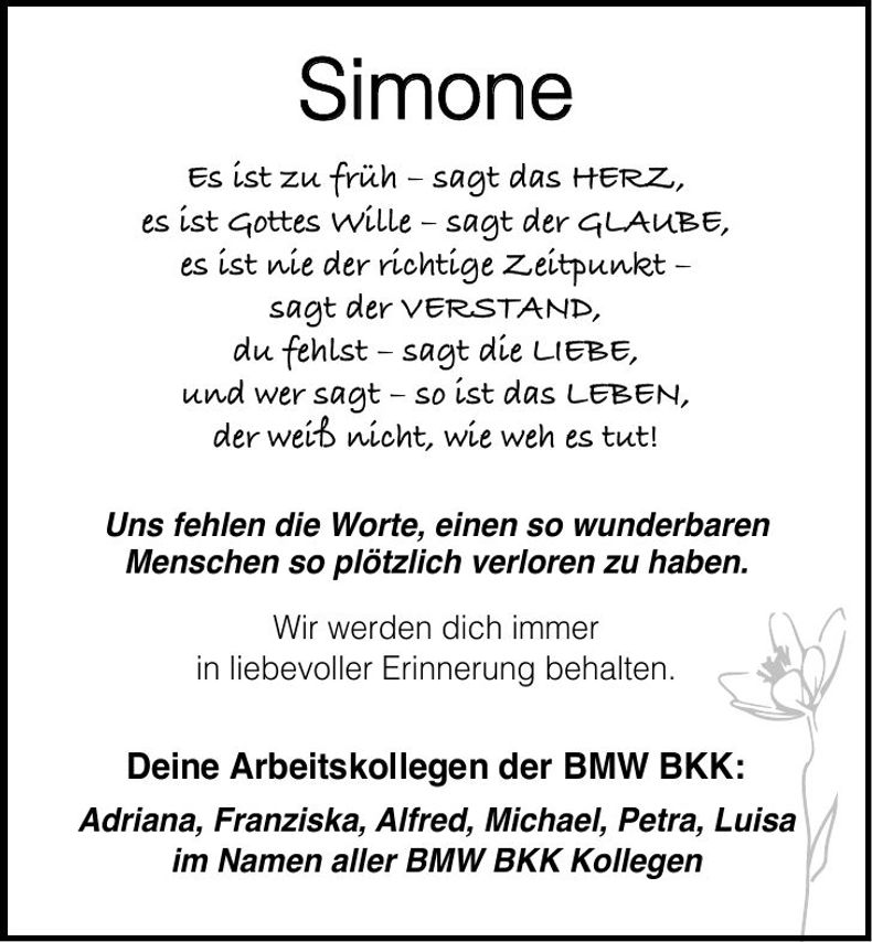 Traueranzeige Simone Obermeier