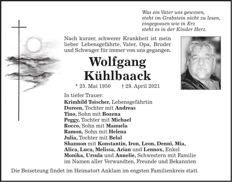Traueranzeige Wolfgang Kühlbaack