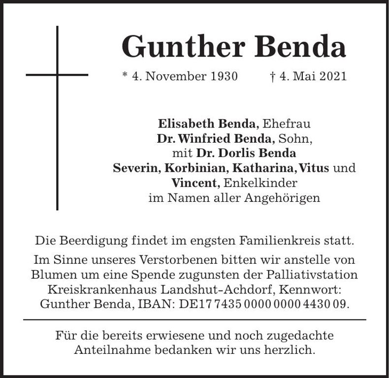 Traueranzeige Gunther Benda