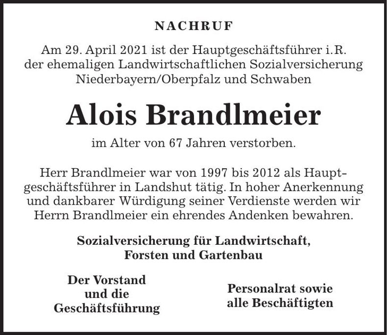 Traueranzeige Alois Brandlmeier