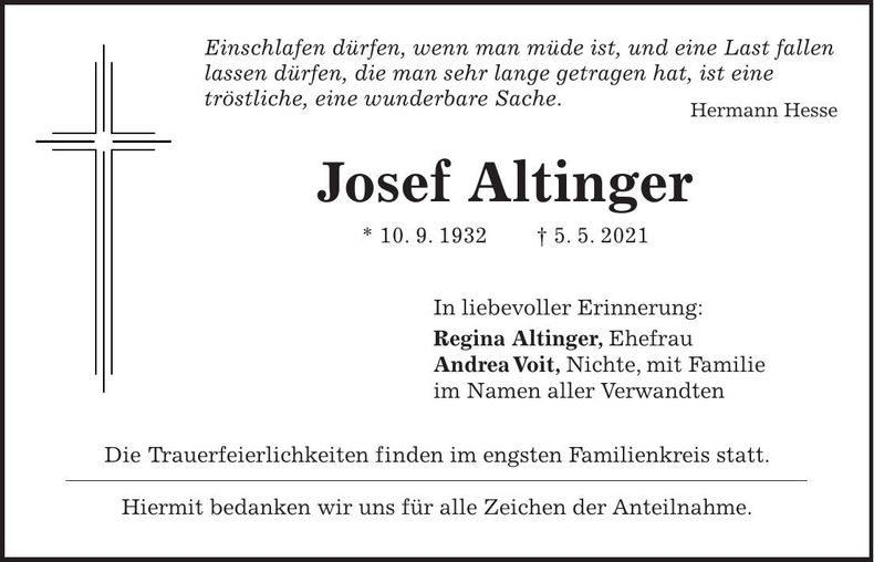 Traueranzeige Josef Altinger