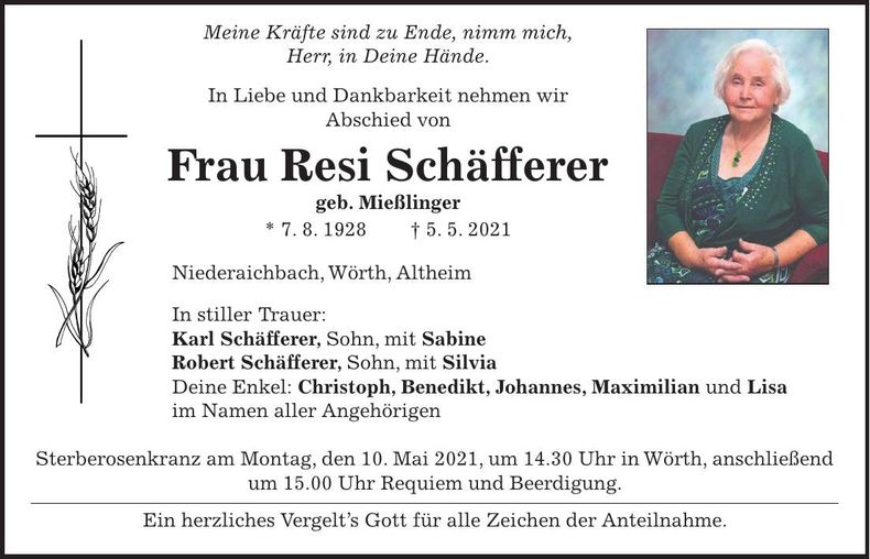 Traueranzeige Resi Schäfferer