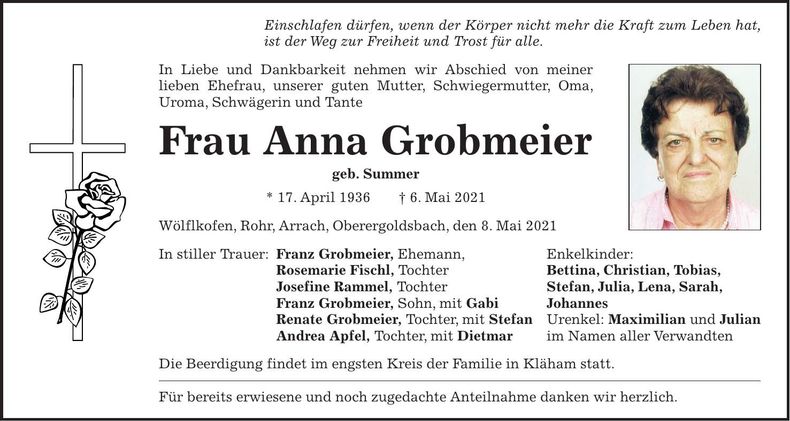 Traueranzeige Anna Grobmeier