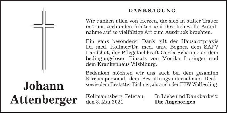Traueranzeige Johann Attenberger