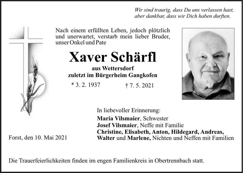 Traueranzeige Xaver Schärfl