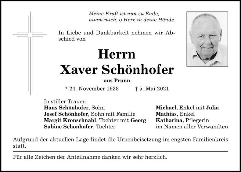 Traueranzeige Xaver Schönhofer