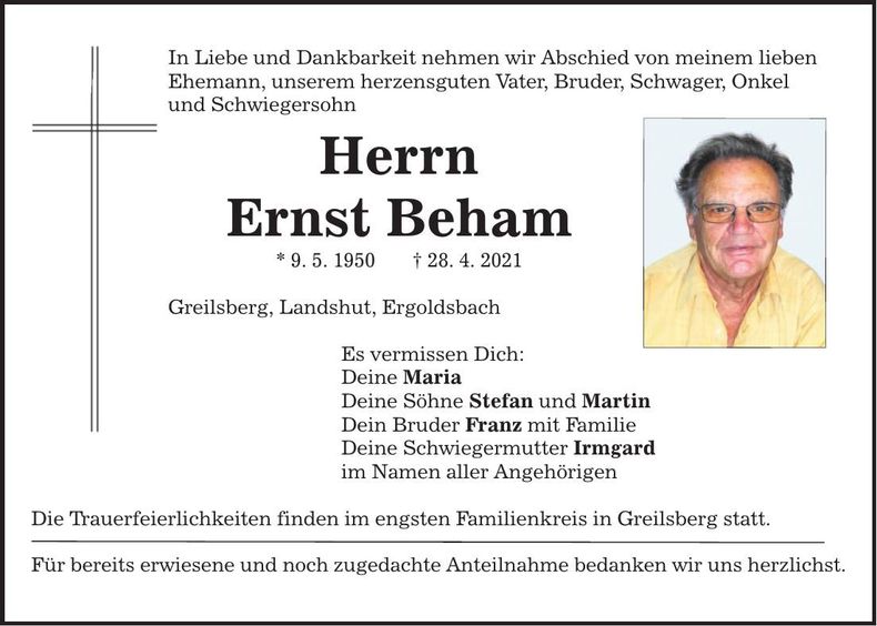 Traueranzeige Ernst Beham