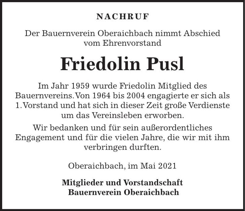 Traueranzeige Friedolin Pusl