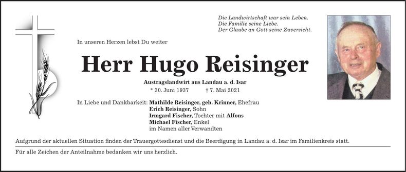 Traueranzeige Hugo Reisinger