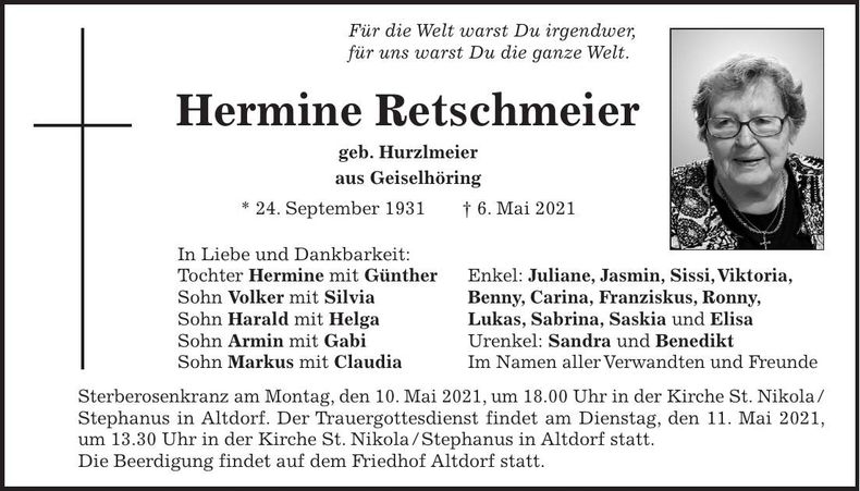 Traueranzeige Hermine Retschmeier