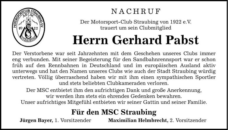 Traueranzeige Gerhard Pabst