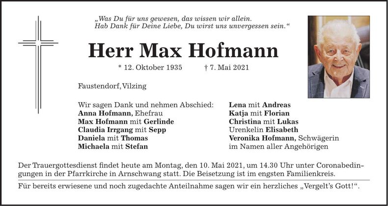 Traueranzeige Max Hofmann