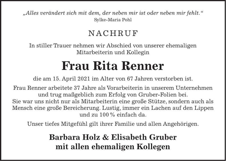 Traueranzeige Rita Renner