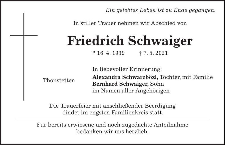 Traueranzeige Friedrich Schwaiger
