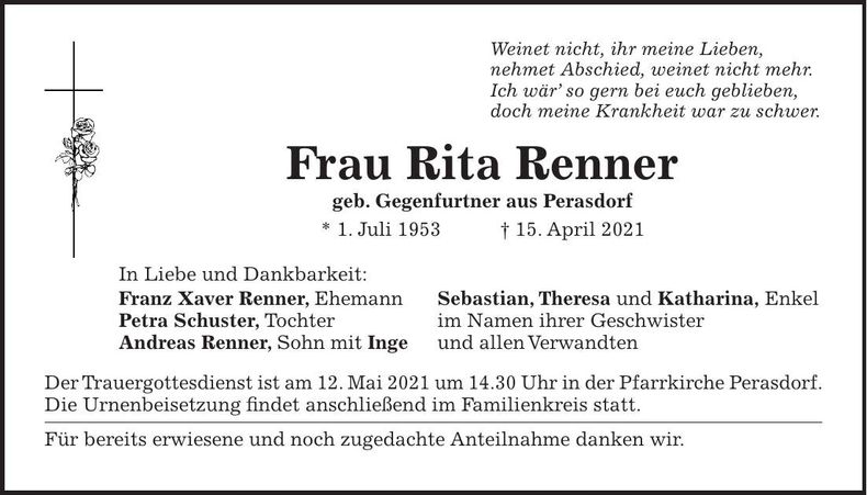 Traueranzeige Rita Renner