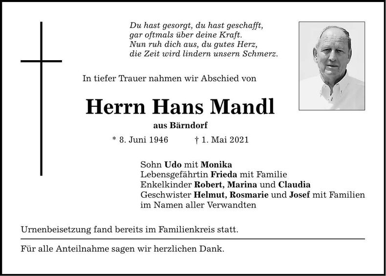 Traueranzeige Hans Mandl