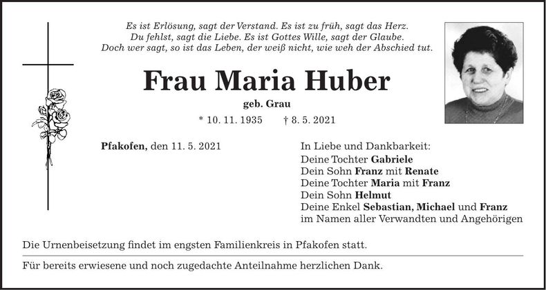 Traueranzeige Maria Huber