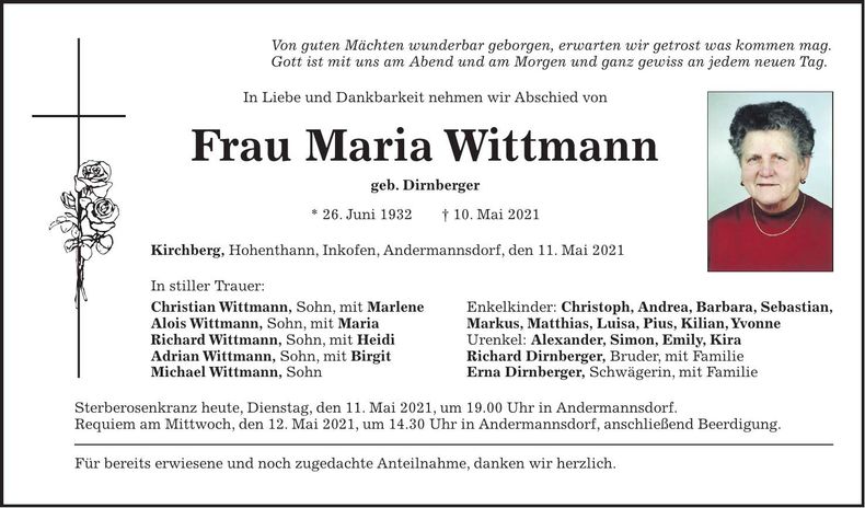 Traueranzeige Maria Wittmann
