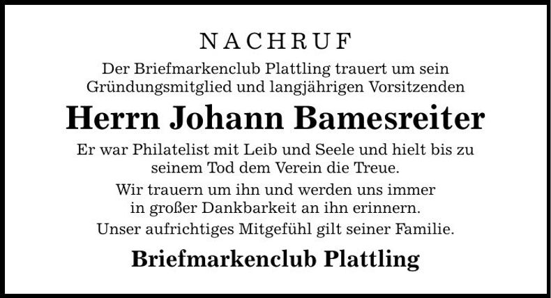 Traueranzeige Johann Bamesreiter