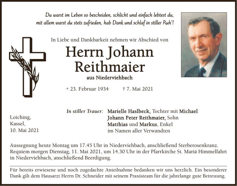 Traueranzeige Johann Reithmaier