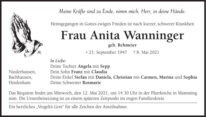 Traueranzeige Anita Wanninger