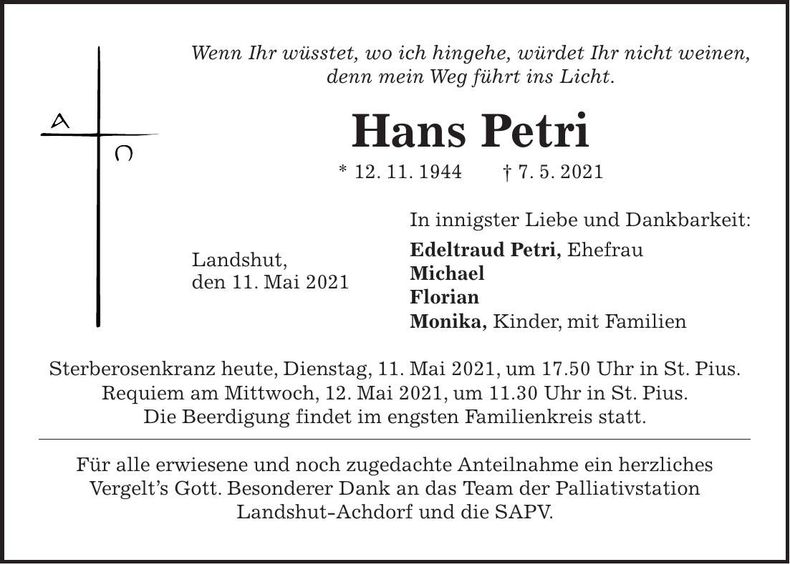 Traueranzeige Hans Petri