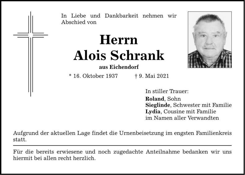 Traueranzeige Alois Schrank