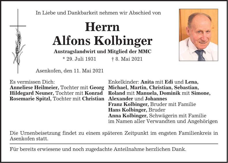 Traueranzeige Alfons Kolbinger