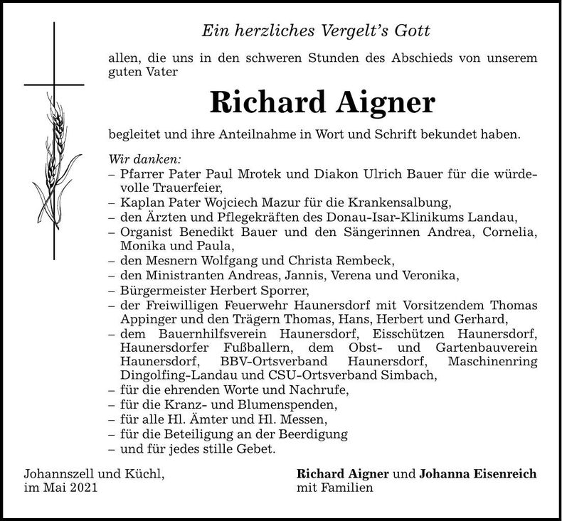 Traueranzeige Richard Aigner