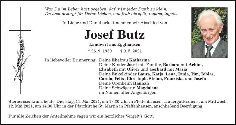 Traueranzeige Josef Butz