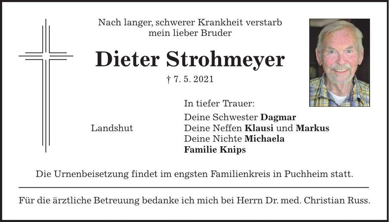 Traueranzeige Dieter Strohmeyer