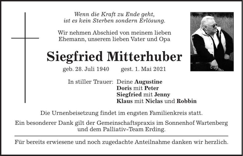 Traueranzeige Siegfried Mitterhuber