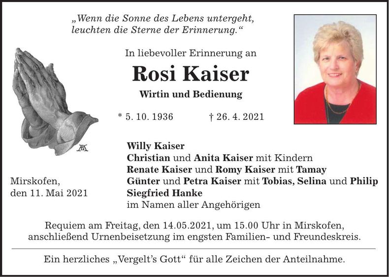 Traueranzeige Rosi Kaiser