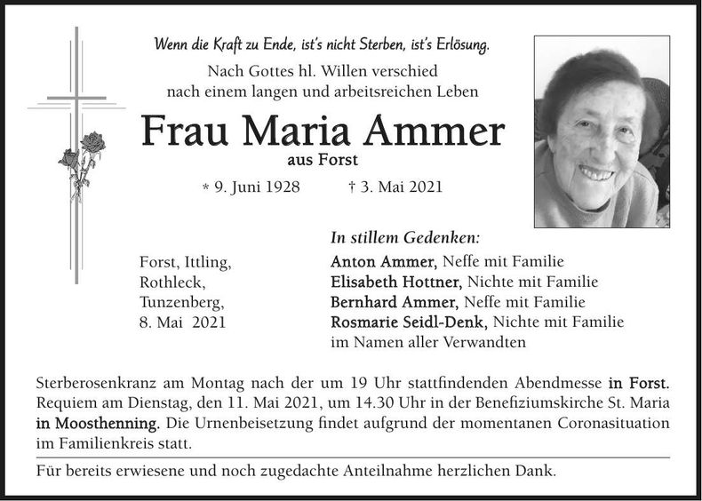 Traueranzeige Maria Ammer