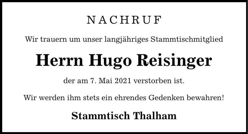 Traueranzeige Hugo Reisinger