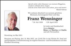 Traueranzeige Franz Wenninger