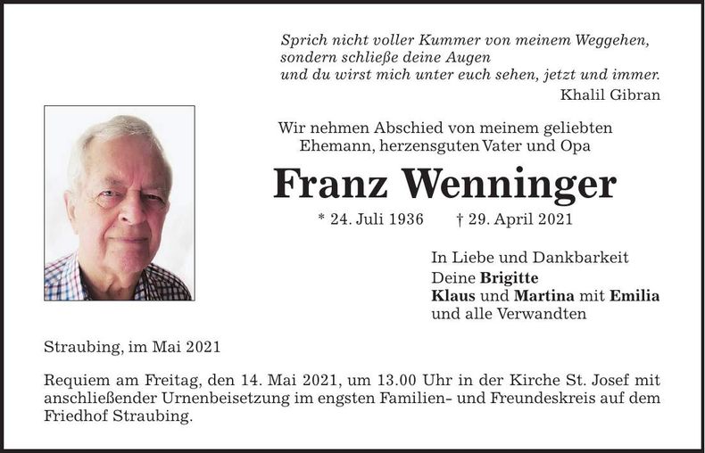Traueranzeige Franz Wenninger