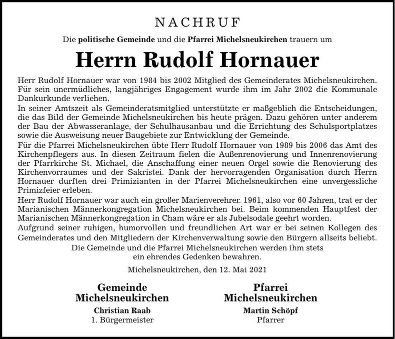 Traueranzeige Rudolf Hornauer