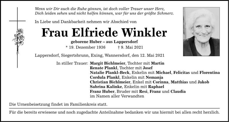 Traueranzeige Elfriede Winkler