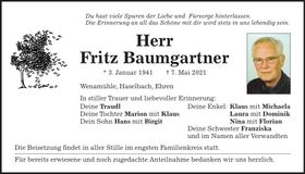 Traueranzeige Fritz Baumgartner