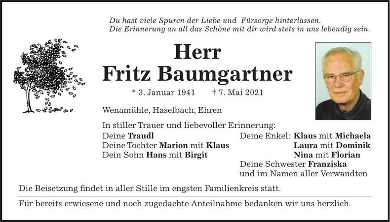 Traueranzeige Fritz Baumgartner