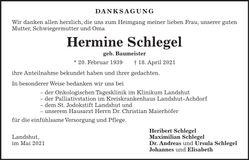 Traueranzeige Hermine Schlegel