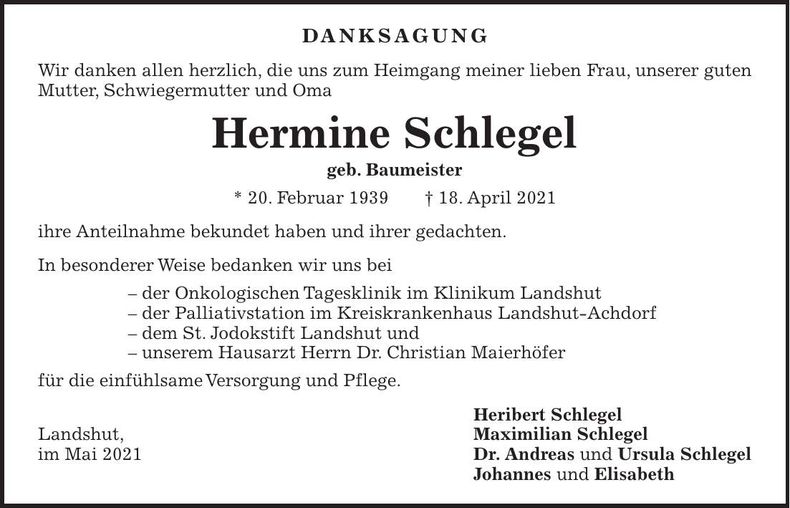 Traueranzeige Hermine Schlegel