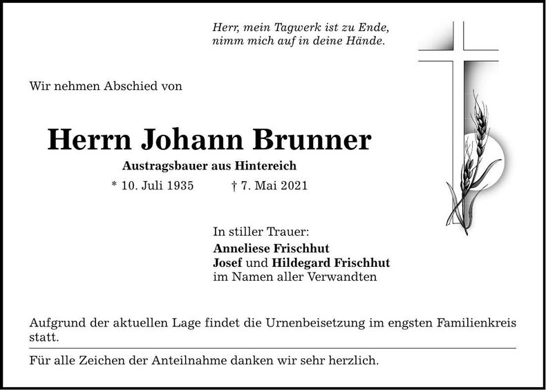 Traueranzeige Johann Brunner