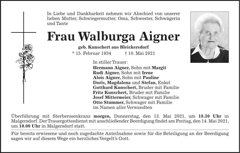 Traueranzeige Walburga Aigner