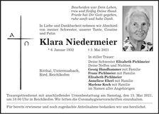 Traueranzeige Klara Niedermeier