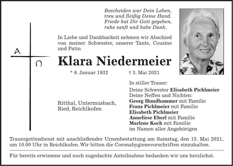 Traueranzeige Klara Niedermeier