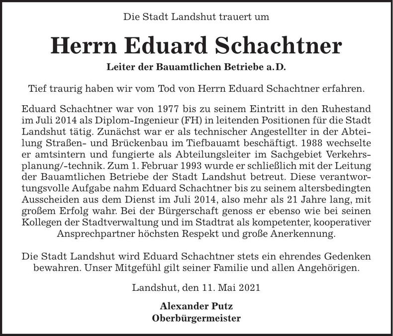 Traueranzeige Eduard Schachtner