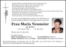 Traueranzeige Maria Numeier