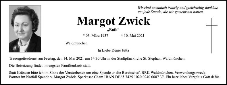 Traueranzeige Margot Zwick